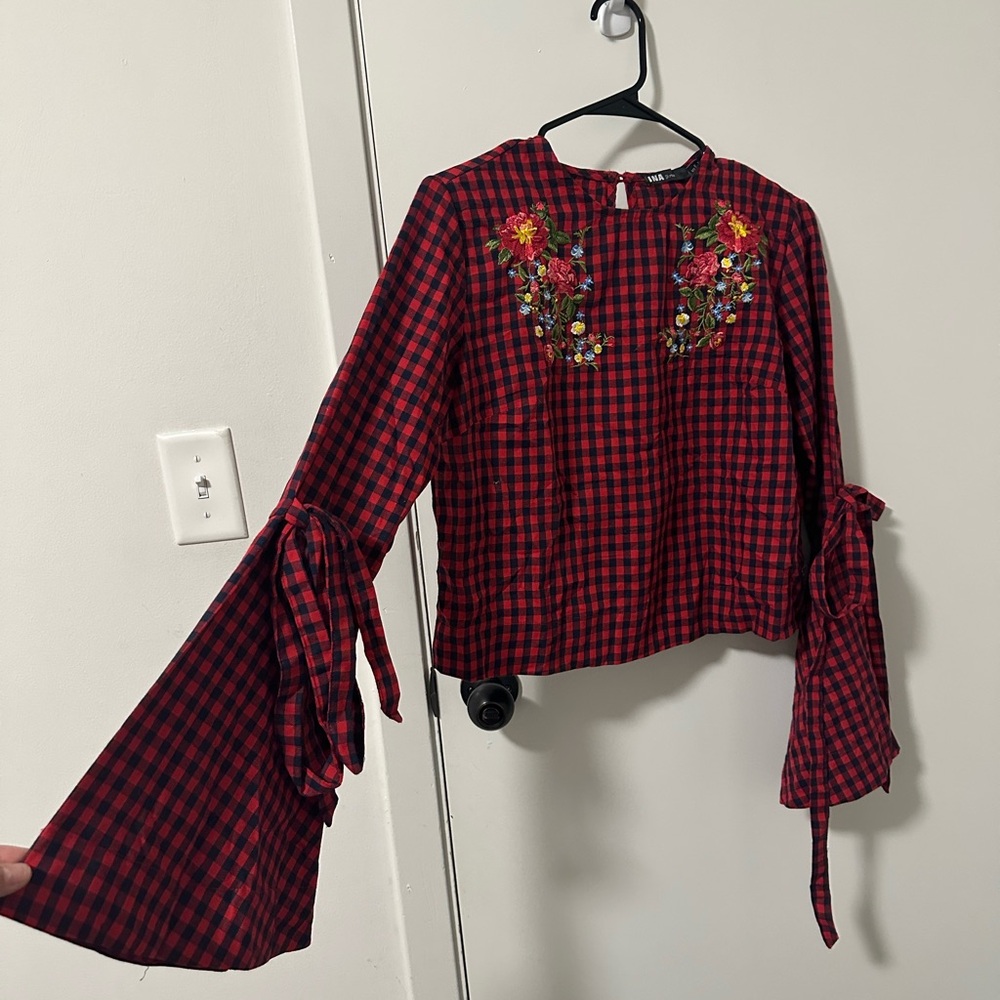 Ina Red and Black Checkered Blouse with Floral Details